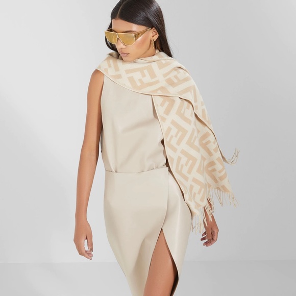 Fendi Accessories - NWOT Women’s Fendi Cashmere Fringed Scarf With FF Prints In Beige 190cm X 35 cm